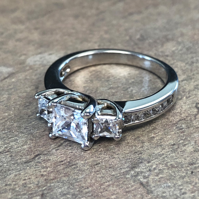 14K White Gold 3 Stone Diamond Accent Engagement Ring